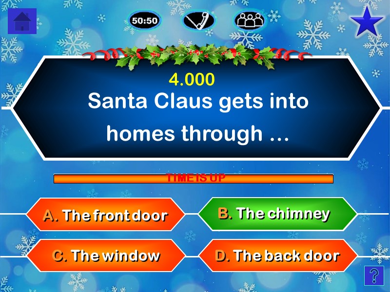 Santa Claus gets into  homes through … D. The back door A. The